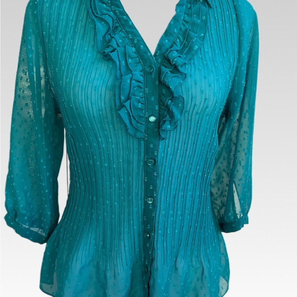 Laura Scott Teal Ruffle Button-Up Blouse size LP